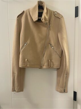 Wool Blend Asymmetric Zip Moto Jacket - Beige